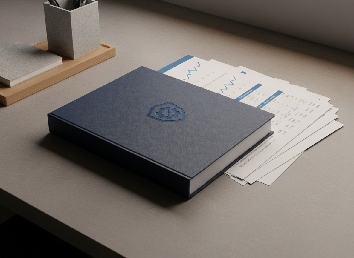 A refined, thick-bound car advisory report folder with a subtle embossed logo and crisp, white pages slightly fanned open to reveal graphs, checklists, and MPG comparisons. The folder is placed atop a muted concrete surface in a minimalist, modern workspace accented by a single, geometric desk organizer in neutral tones. Diffused artificial lighting highlights the textures of the cover and the clean surface, creating a calm and orderly atmosphere. Captured from a slight overhead angle, the composition leverages negative space and balanced lines to evoke transparency and trustworthiness, reflecting the thoroughness of custom consulting packages.