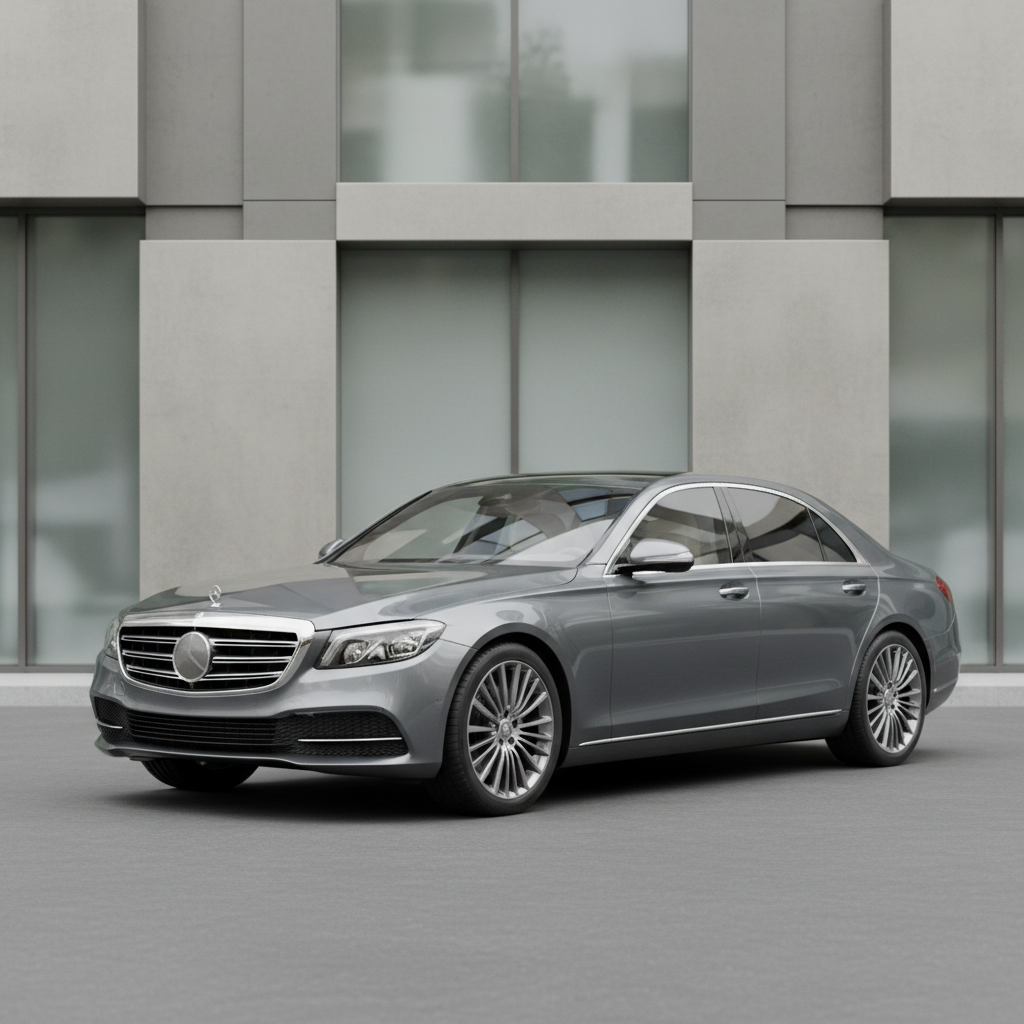 A sleek, late-model sedan in metallic gray with subtle reflections along its smooth body panels, positioned in front of a neutral geometric backdrop featuring stylized architectural elements suggestive of a modern office environment. The vehicle is angled three-quarters toward the viewer, allowing a clear view of its refined lines, alloy wheels, and understated elegance. The lighting is soft and diffuse, emulating a bright but overcast day, removing harsh shadows and highlighting the car’s clean design. The overall composition is centered and balanced, conveying a sense of professionalism and reliability. Photographic realism, clean lines, and a corporate, structured visual style reinforce the site’s focus on car advisory and expert consultation.