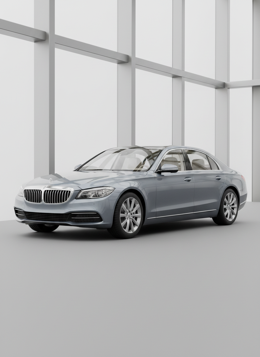 A sleek, late-model sedan in metallic gray with subtle reflections along its smooth body panels, positioned in front of a neutral geometric backdrop featuring stylized architectural elements suggestive of a modern office environment. The vehicle is angled three-quarters toward the viewer, allowing a clear view of its refined lines, alloy wheels, and understated elegance. The lighting is soft and diffuse, emulating a bright but overcast day, removing harsh shadows and highlighting the car’s clean design. The overall composition is centered and balanced, conveying a sense of professionalism and reliability. Photographic realism, clean lines, and a corporate, structured visual style reinforce the site’s focus on car advisory and expert consultation.