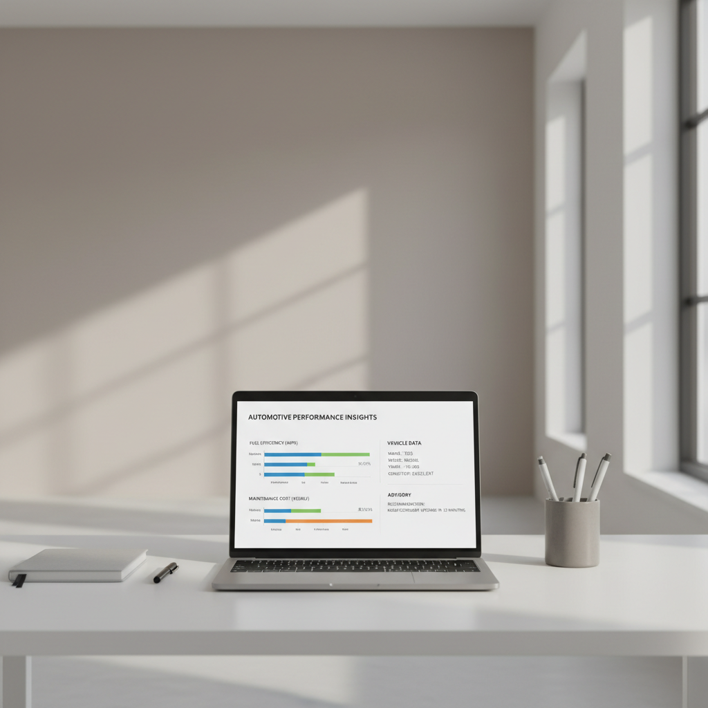 A minimalist desktop setup featuring a silver laptop displaying a detailed analytical car report, with crisp charts and concise vehicle data visible on the screen. The workspace is organized on a matte white desk, accompanied by a closed notepad and a muted gray ceramic pen holder. The environment is a clean, spacious office with neutral-toned walls and subtle architectural shadows, illuminated by bright, natural window light. This eye-level perspective uses a central, structured composition to emphasize clarity, calm, and efficiency. The mood is focused yet approachable, aligning with a professional car advisory service. Photographic style with a clean, modern corporate aesthetic.